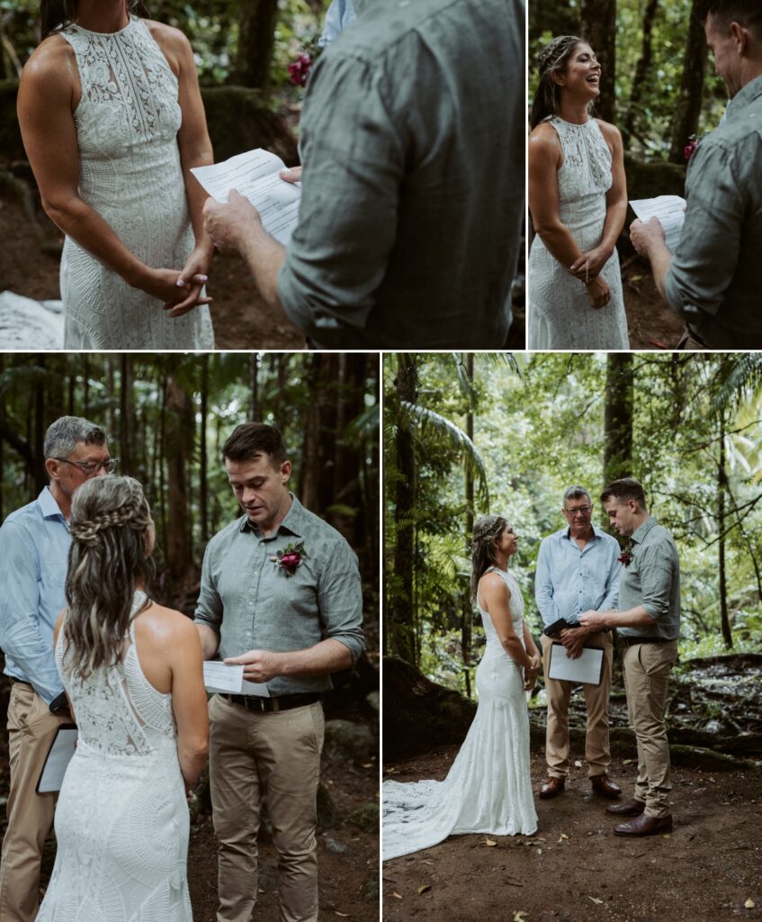 The bride and groom reading their wedding vows in the rain in the rainforest at Crystal creek rainforest retreat, NSW. CCRR