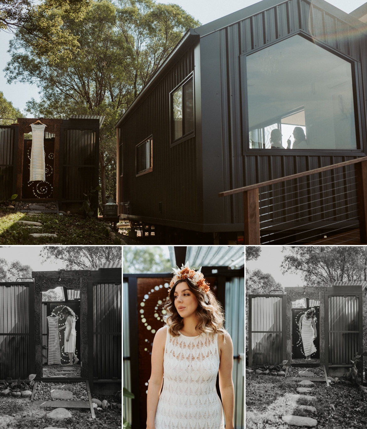 Bride having her makeup done photographed through the outside window as she is getting ready at Bunyarra tiny house in Crystal Creek NSW.