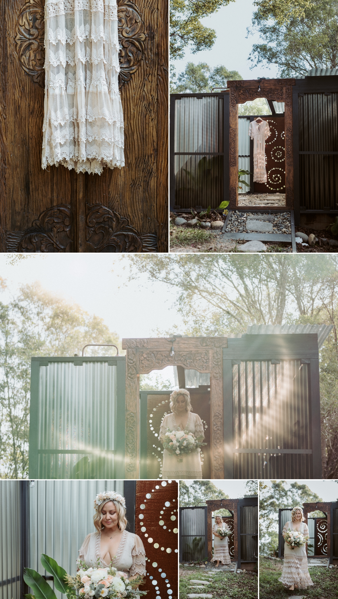 Bride getting ready at Bunyarra with her jaase dress hanging in the Bali inspired outdoor bathroom at crystal creek nsw.