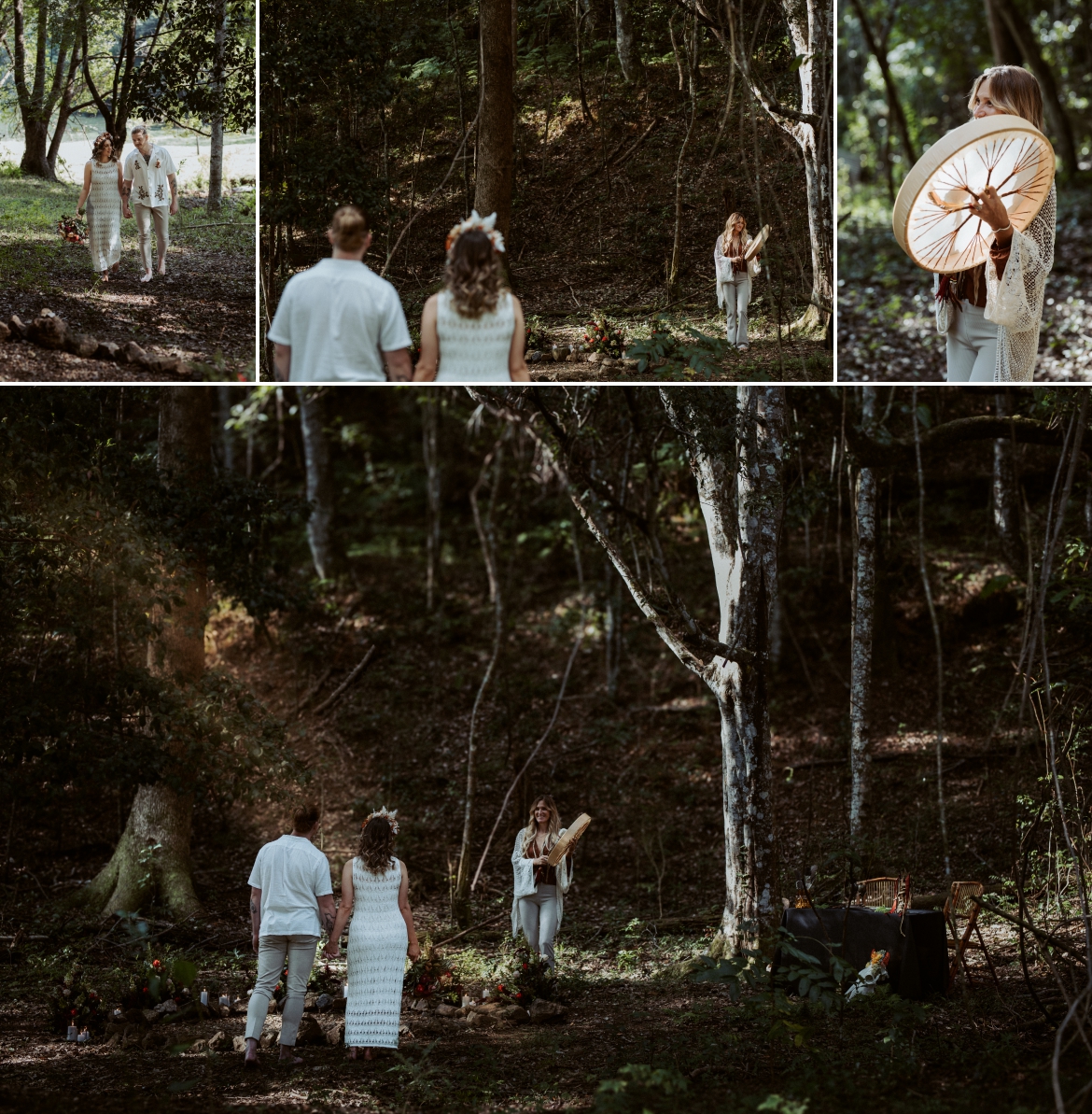 Couple walking towards there ceremony forest stone circle elopement spot at Bunyarra in Crystal Creek NSW.