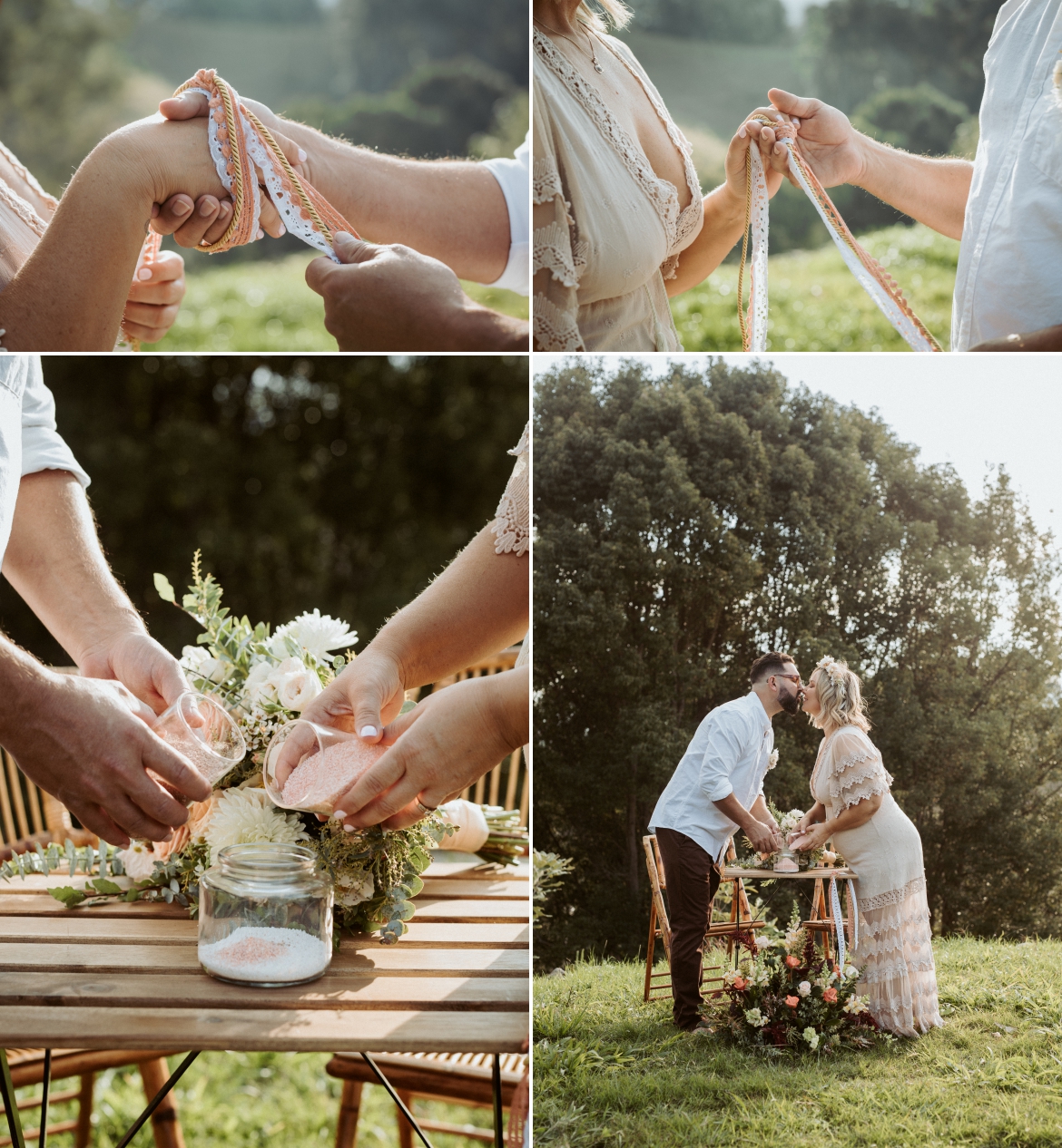 Elopement day ritual of tying the knot with bespoke cords and ribbon and a sand ceremony during their hill top elopement at Bunyarra in Crystal Creek NSW.