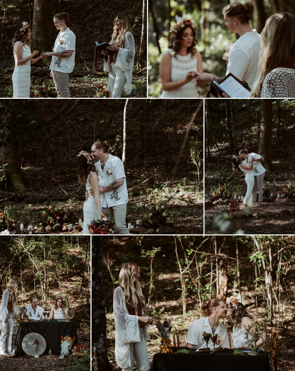 ring exchange and wedding kiss at the forest stone circle ceremony spot at Bunyarra in Crystal Creek NSW