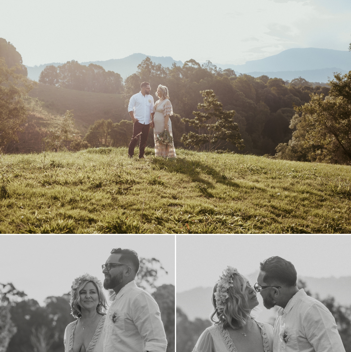 A couple standing in front of a stunning country vista of the Springbrook plateau during their elopement portrait session after the hill top ceremony at Bunyarra in Crystal Creek NSW