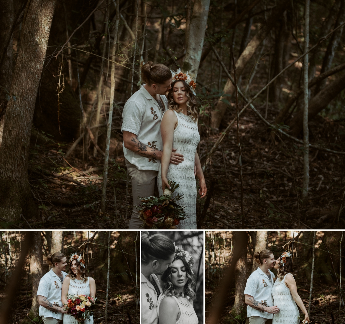 A romantic moment shared between a wedding couple at the at the forest stone circle ceremony spot at Bunyarra in Crystal Creek NSW