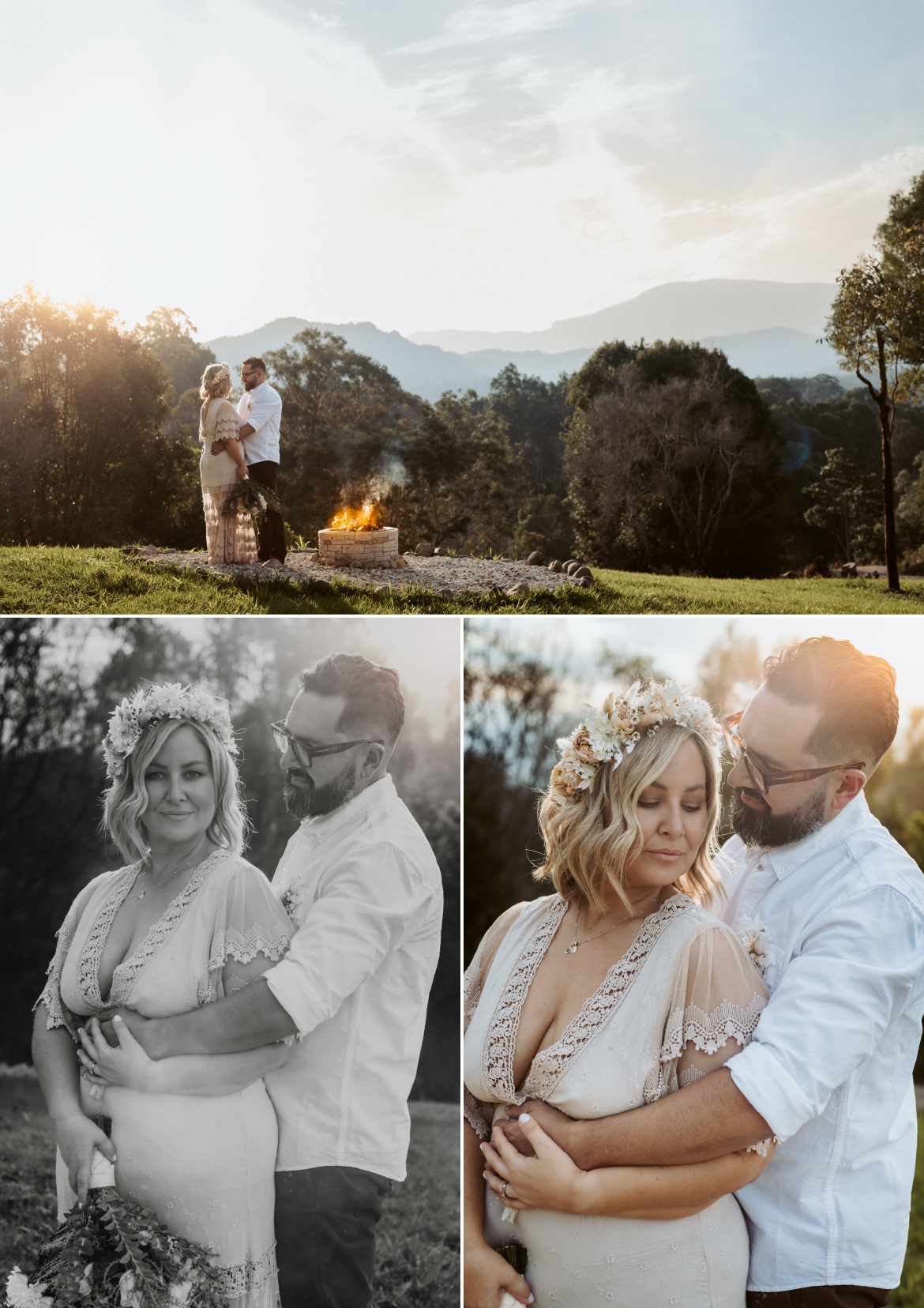 A cute couple enjoying a romantic hill top moment by the out door fire pit at Bunyarra in Crystal Creek NSW