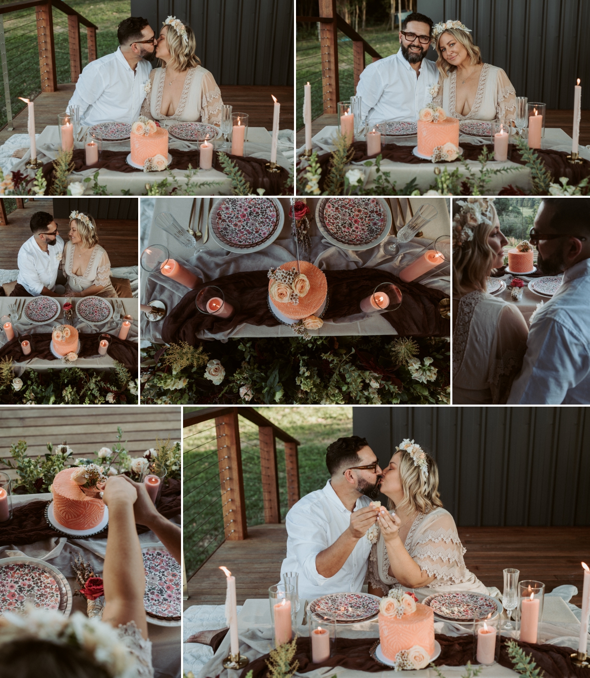 A picnic set reception for an elopement couple in hues of peach cutting their peach stencilled wedding cake at Bunyarra tiny house in Crystal Creek NSW