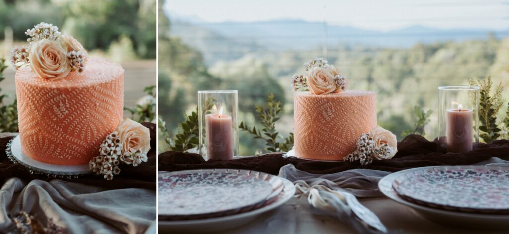 A gorgeous peach stencilled wedding cake set on a picnic reception for two at Bunyarra tiny house in Crystal Creek NSW